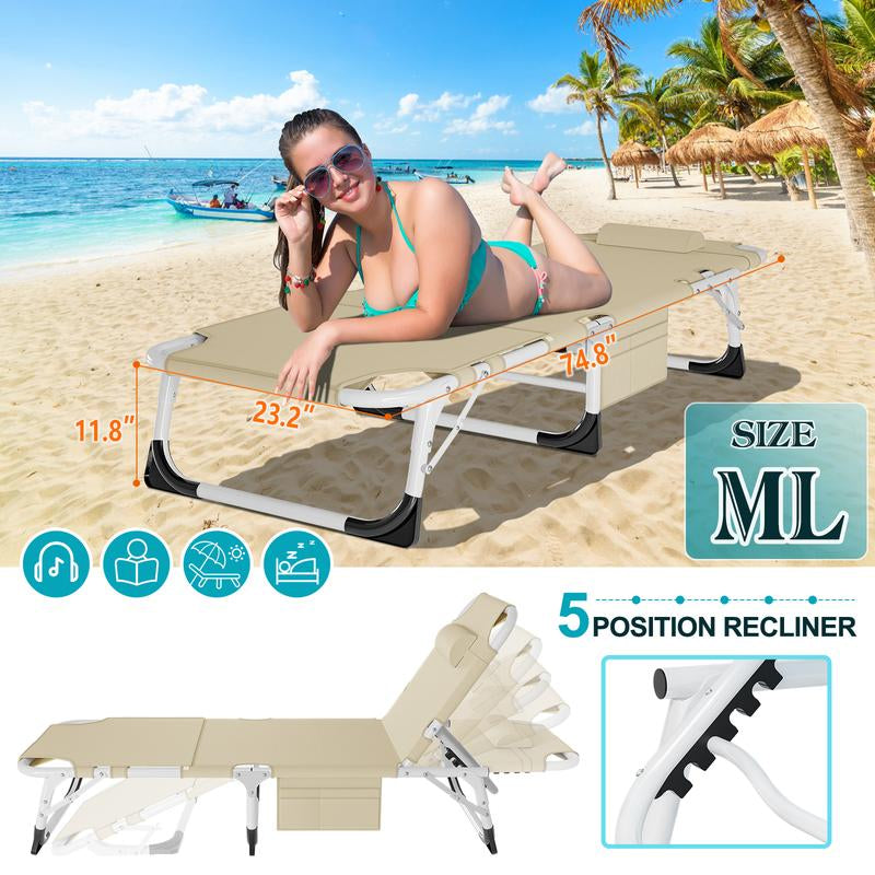 Docred Face down Folding Tanning Chair with Cushion,Oversized 5-Position Recliner, Detachable Pillow, Portable Chaise Lounge for Sunbathing, Beach, Pool, Camping