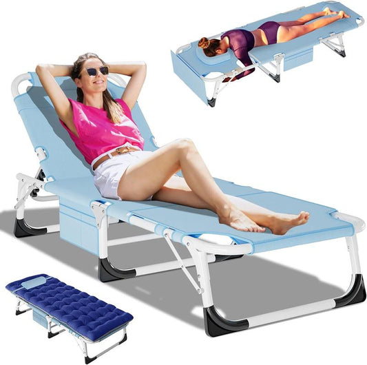 Docred Face down Folding Tanning Chair with Cushion,Oversized 5-Position Recliner, Detachable Pillow, Portable Chaise Lounge for Sunbathing, Beach, Pool, Camping