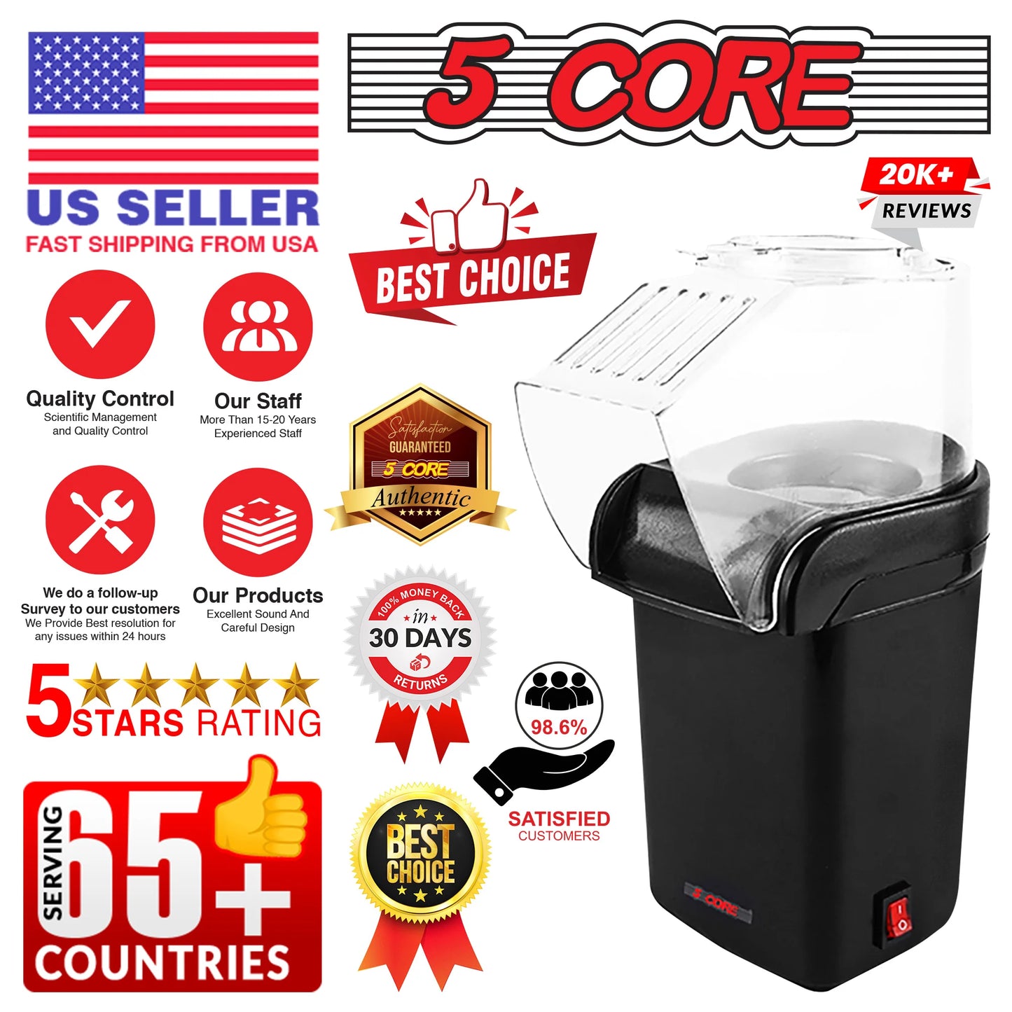 5 Core Popcorn Machine 16 Cup Hot Air Popper Mini Portable Electric Pop Corn Maker Black