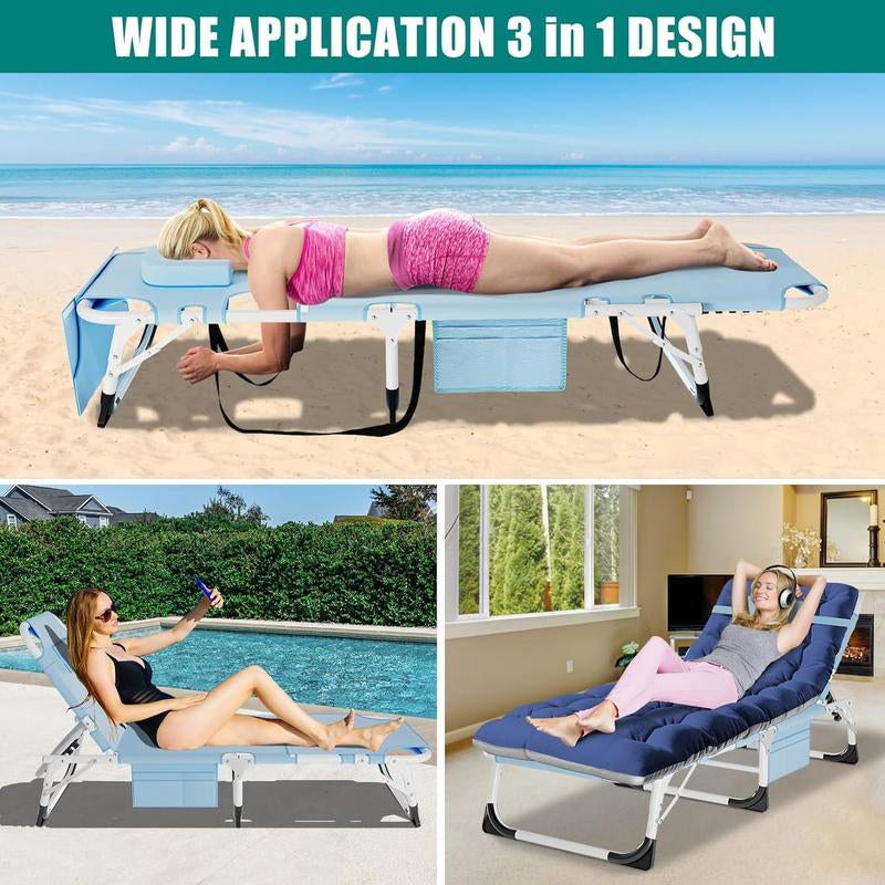 Docred Face down Folding Tanning Chair with Cushion,Oversized 5-Position Recliner, Detachable Pillow, Portable Chaise Lounge for Sunbathing, Beach, Pool, Camping