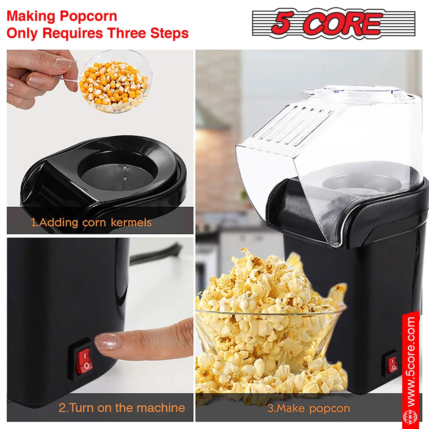 5 Core Popcorn Machine 16 Cup Hot Air Popper Mini Portable Electric Pop Corn Maker Black