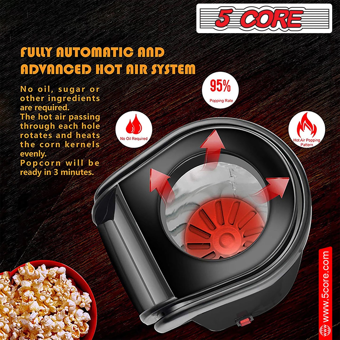 5 Core Popcorn Machine 16 Cup Hot Air Popper Mini Portable Electric Pop Corn Maker Black