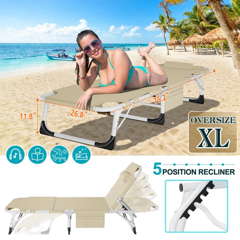 Docred Face down Folding Tanning Chair with Cushion,Oversized 5-Position Recliner, Detachable Pillow, Portable Chaise Lounge for Sunbathing, Beach, Pool, Camping